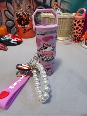 Purple Cow Print Novelty Mini “Stanley” Tumbler Keychain with Pearl Strap